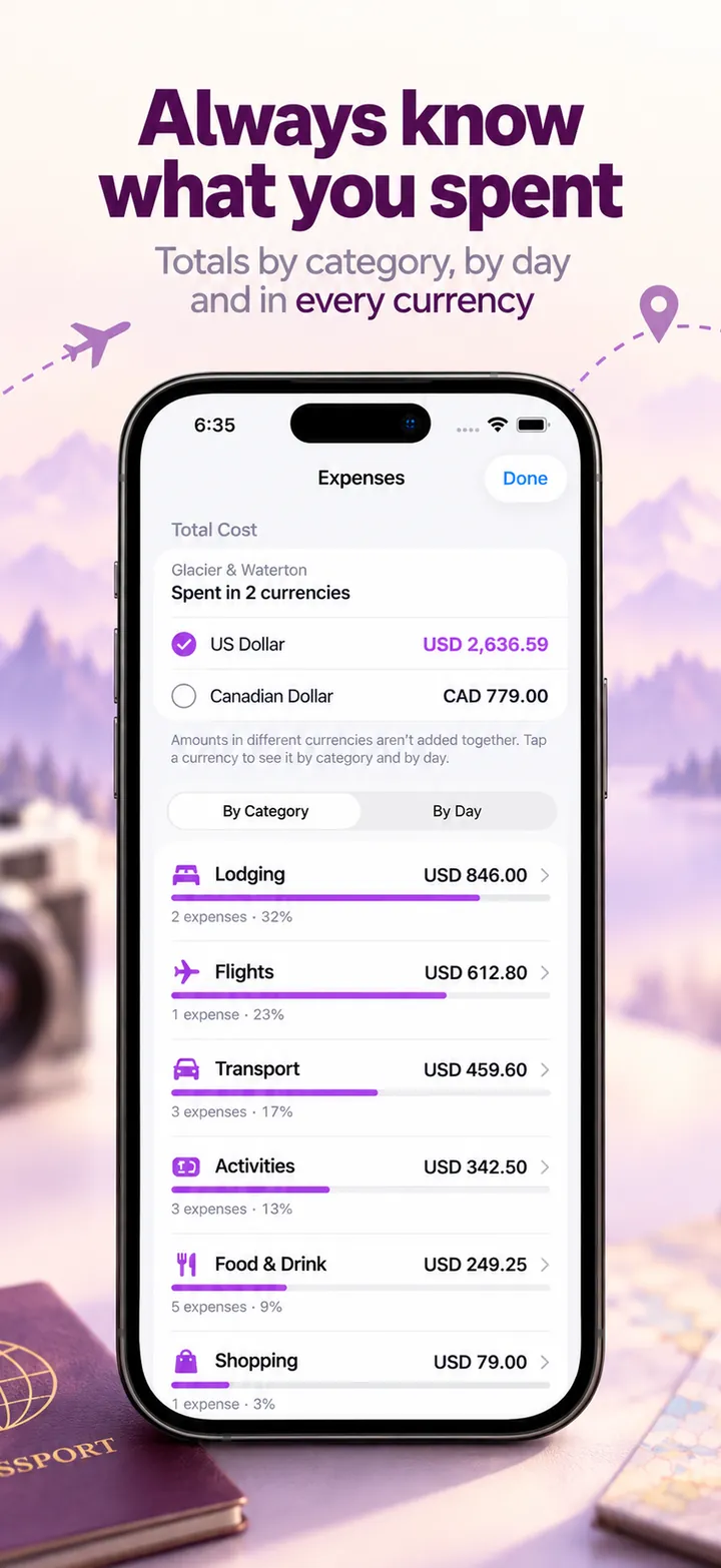 Trip expenses broken down by category, with totals in two currencies.