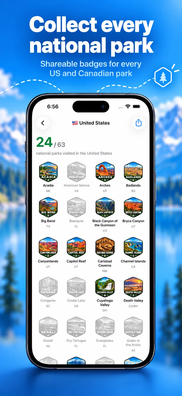 Grid of national park badges, with visited parks shown in color.