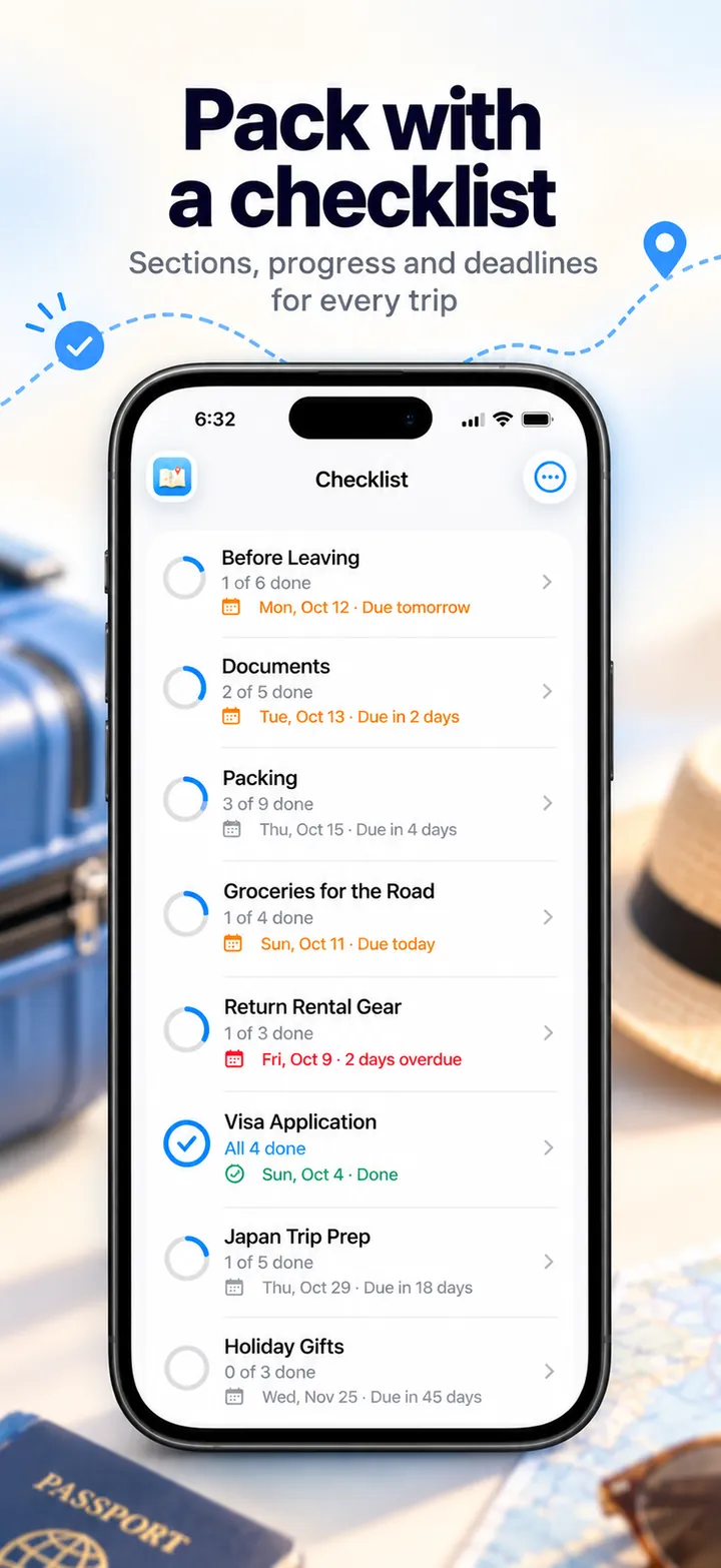 Checklists for packing, documents and groceries with progress and due dates.